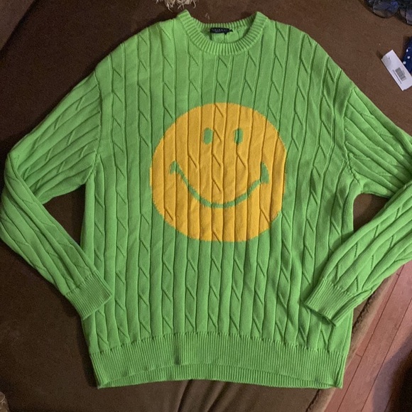 JOSHUA SANDERS + SMILEY FACE OVERSIZED UNISEX CABLE KNIT LIME GREEN SWEATER - Picture 3 of 9